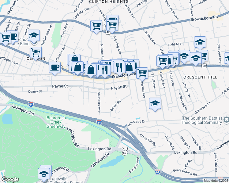map of restaurants, bars, coffee shops, grocery stores, and more near 2326 Payne Street in Louisville
