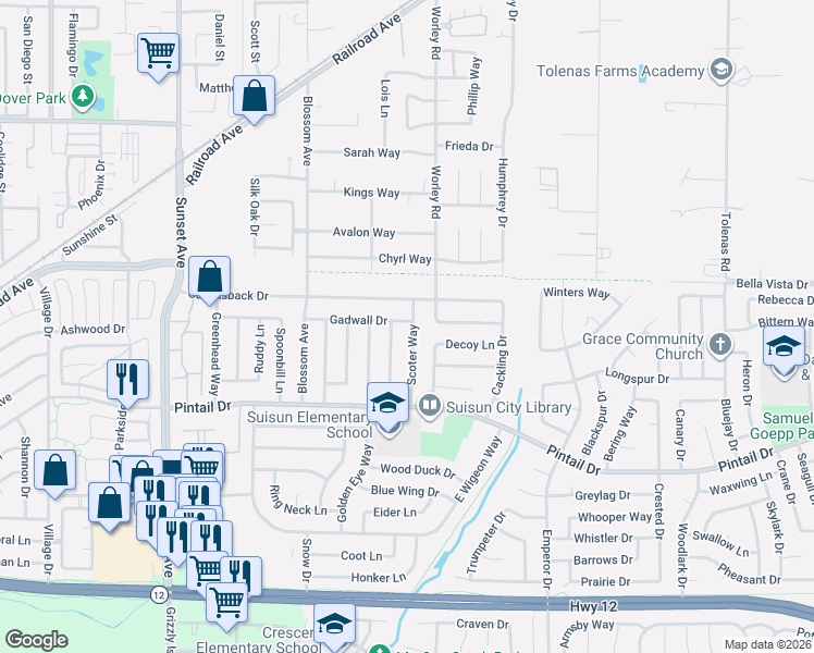 map of restaurants, bars, coffee shops, grocery stores, and more near 825 Tree Duck Way in Suisun City