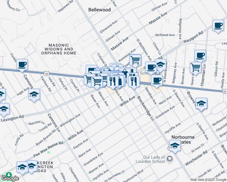 map of restaurants, bars, coffee shops, grocery stores, and more near 400 Wallace Avenue in Louisville