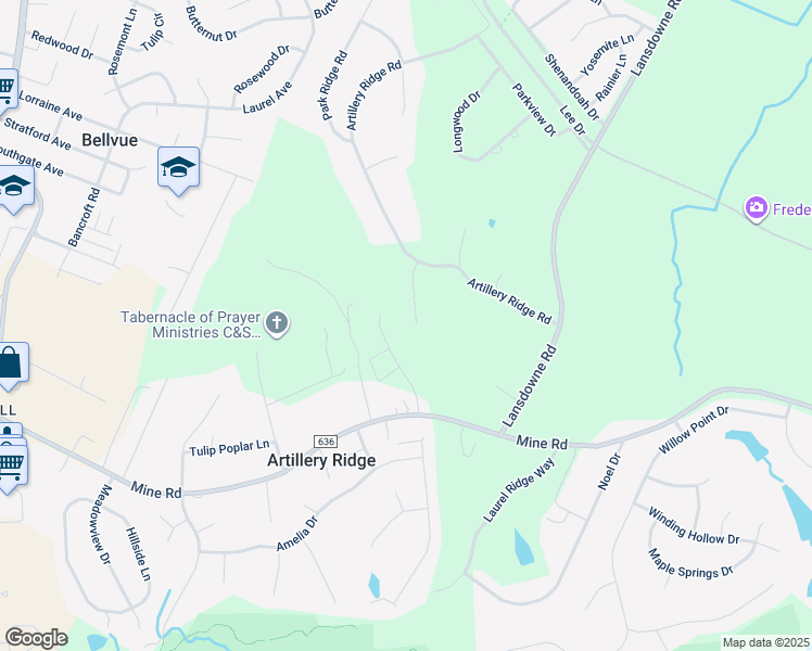 map of restaurants, bars, coffee shops, grocery stores, and more near 109 Battery Lane in Fredericksburg