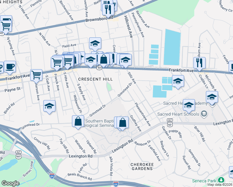map of restaurants, bars, coffee shops, grocery stores, and more near 2825 Grinstead Drive in Louisville