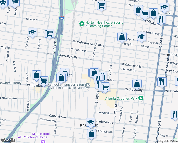 map of restaurants, bars, coffee shops, grocery stores, and more near 651 South 30th Street in Louisville