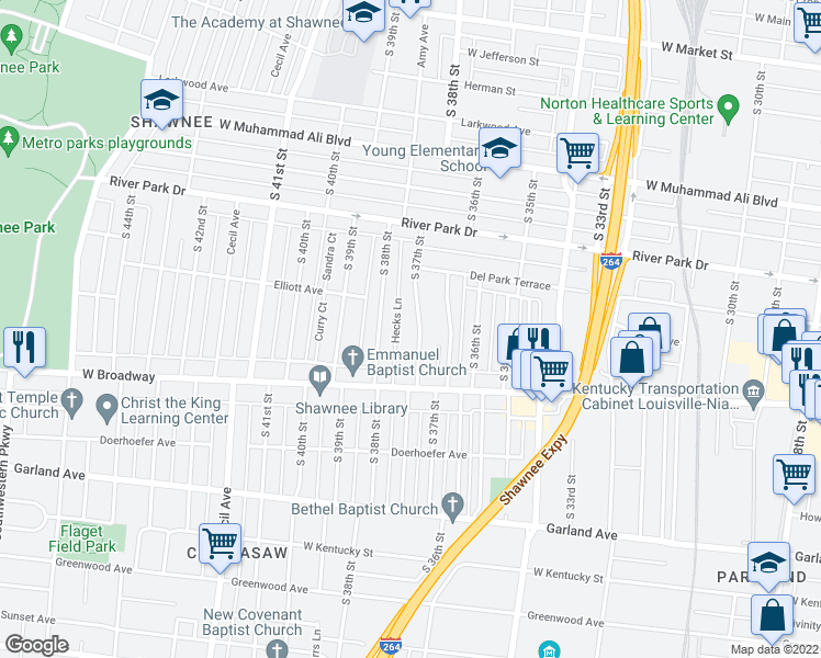 map of restaurants, bars, coffee shops, grocery stores, and more near 660 South 37th Street in Louisville