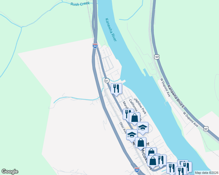 map of restaurants, bars, coffee shops, grocery stores, and more near 8493 MacCorkle Avenue Southeast in Marmet