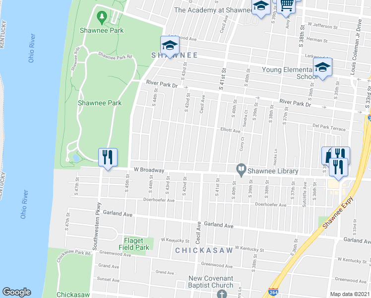 map of restaurants, bars, coffee shops, grocery stores, and more near 675 South 42nd Street in Louisville