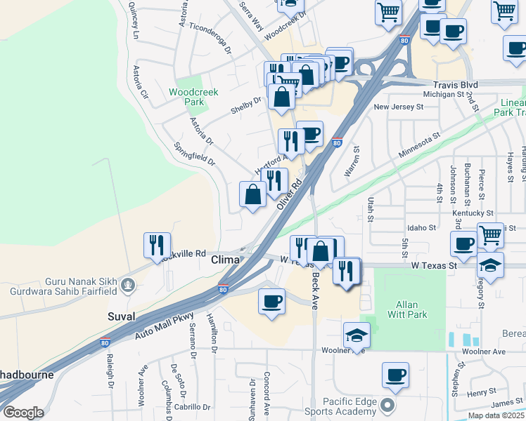 map of restaurants, bars, coffee shops, grocery stores, and more near 1009 Oliver Road in Fairfield