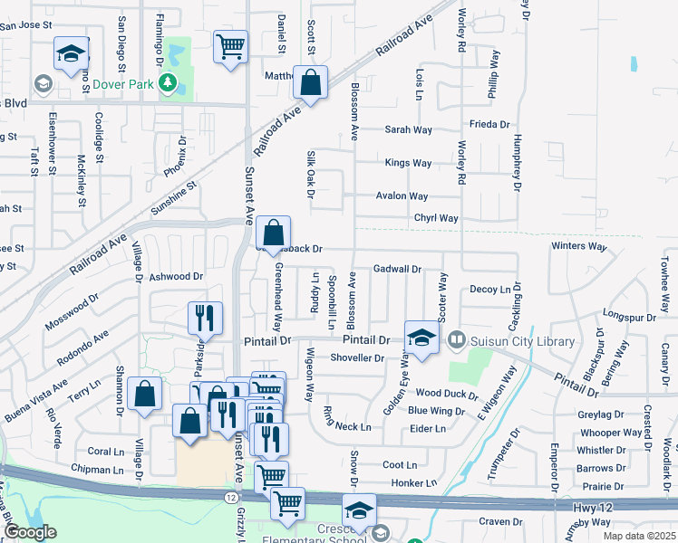 map of restaurants, bars, coffee shops, grocery stores, and more near 829 Spoonbill Lane in Suisun City