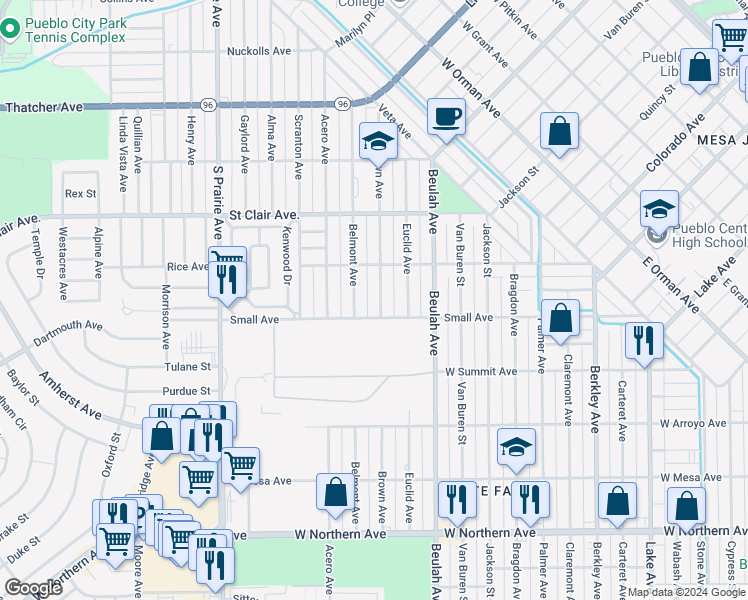 map of restaurants, bars, coffee shops, grocery stores, and more near 823 Brown Avenue in Pueblo