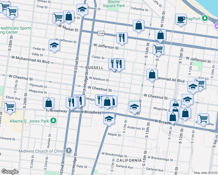 map of restaurants, bars, coffee shops, grocery stores, and more near 1816 West Chestnut Street in Louisville