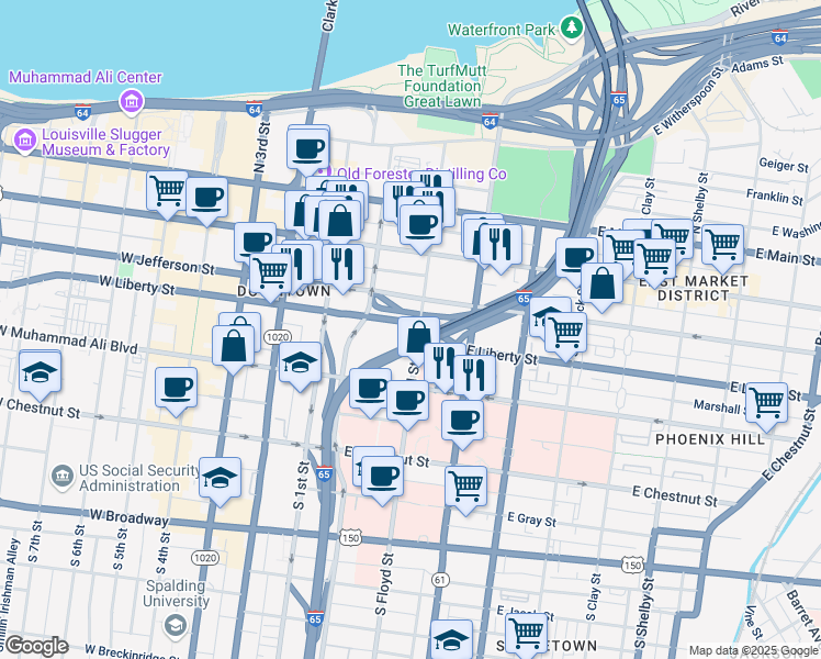 map of restaurants, bars, coffee shops, grocery stores, and more near in Louisville
