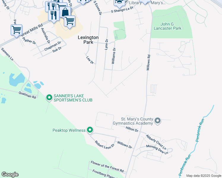 map of restaurants, bars, coffee shops, grocery stores, and more near 46748 Planters Court in Lexington Park