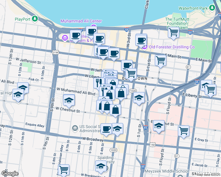 map of restaurants, bars, coffee shops, grocery stores, and more near South 4th Street in Louisville