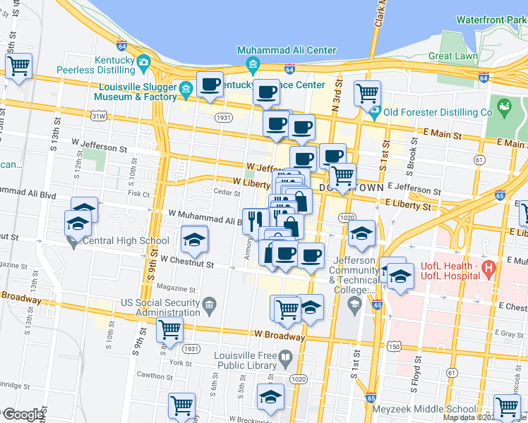 map of restaurants, bars, coffee shops, grocery stores, and more near 444 South 5th Street in Louisville