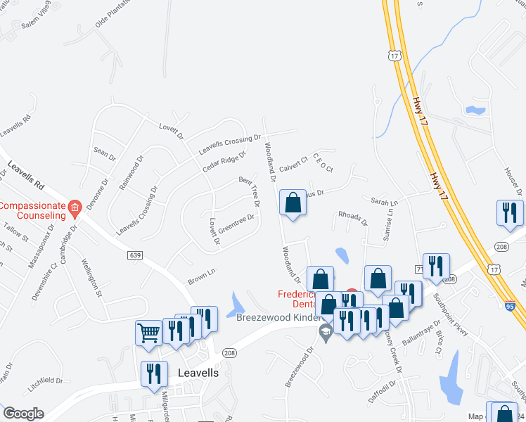map of restaurants, bars, coffee shops, grocery stores, and more near 10408 Bent Tree Drive in Fredericksburg