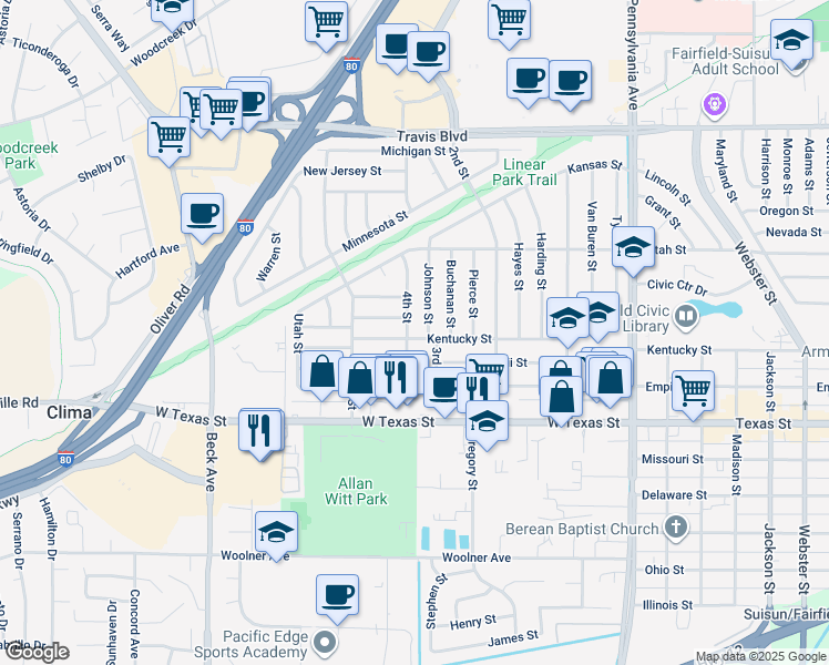 map of restaurants, bars, coffee shops, grocery stores, and more near 1614 Kentucky Street in Fairfield