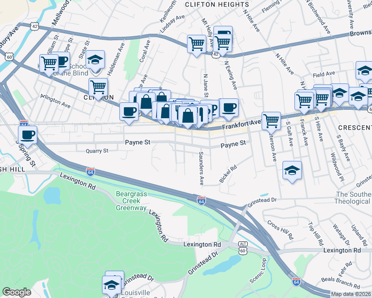 map of restaurants, bars, coffee shops, grocery stores, and more near 222 Albany Avenue in Louisville