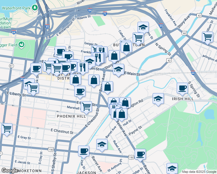 map of restaurants, bars, coffee shops, grocery stores, and more near 1100 East Market Street in Louisville
