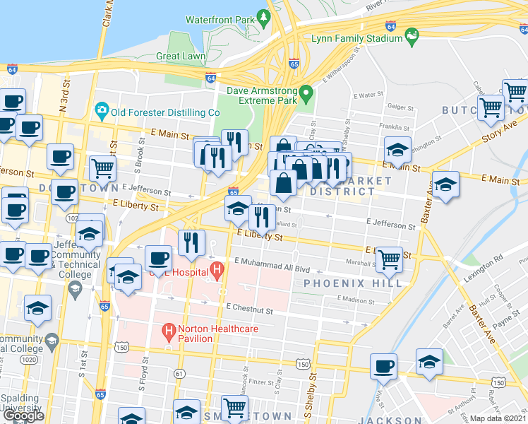 map of restaurants, bars, coffee shops, grocery stores, and more near 607 Ballard Street in Louisville
