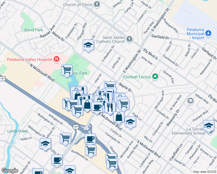map of restaurants, bars, coffee shops, grocery stores, and more near 1516 Lauren Drive in Petaluma
