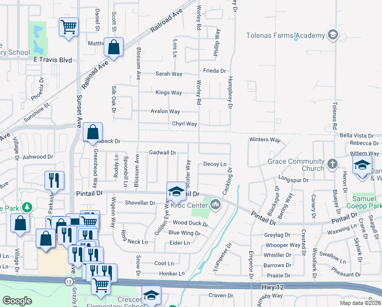 map of restaurants, bars, coffee shops, grocery stores, and more near 831 Scoter Way in Suisun City