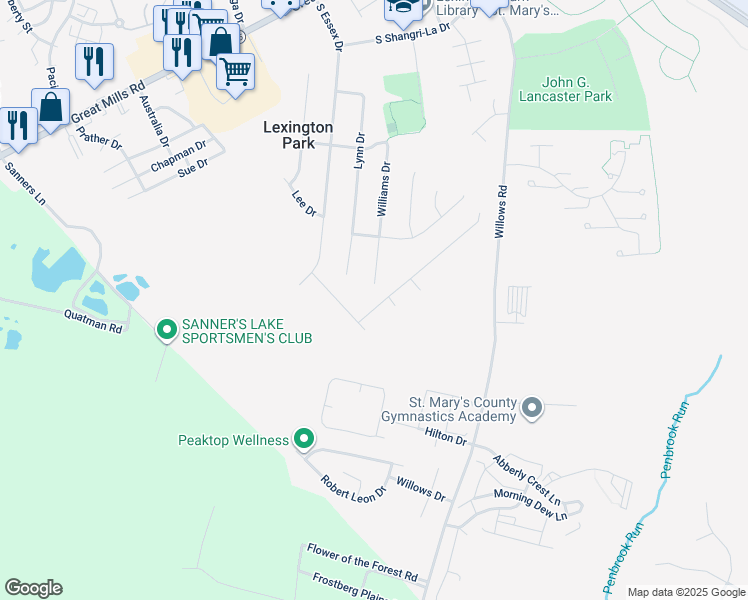 map of restaurants, bars, coffee shops, grocery stores, and more near 46748 Planters Court in Lexington Park