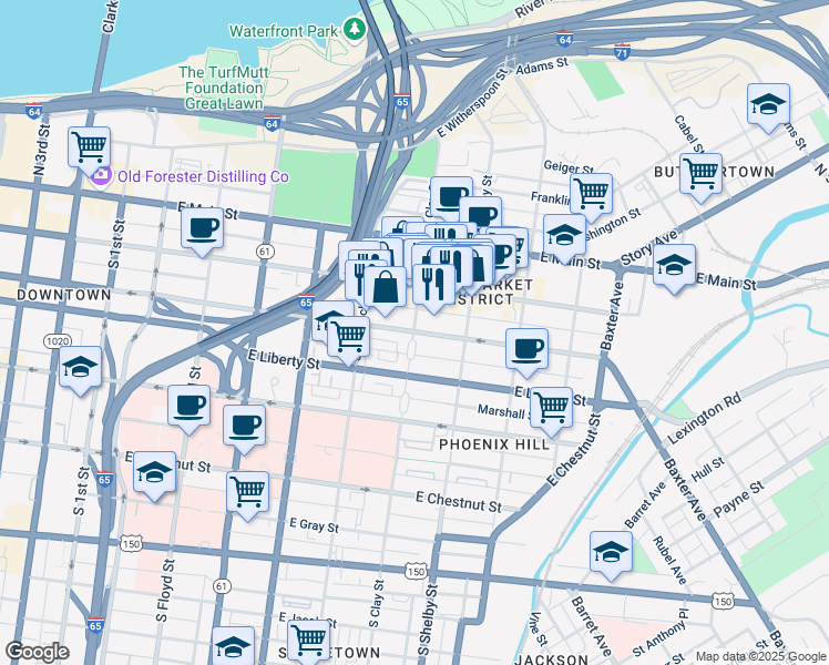 map of restaurants, bars, coffee shops, grocery stores, and more near 700 E Jefferson St in Louisville