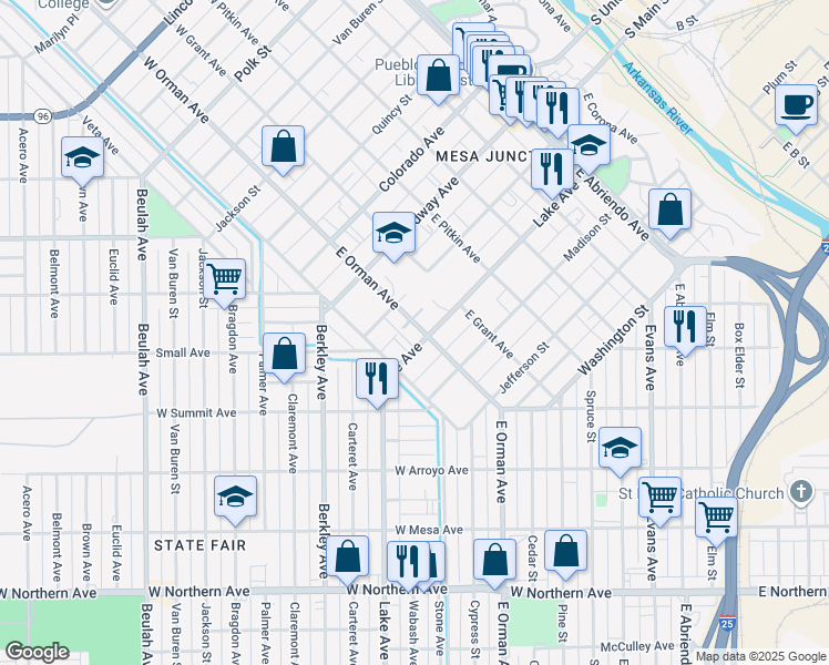 map of restaurants, bars, coffee shops, grocery stores, and more near 323 East Orman Avenue in Pueblo