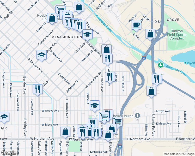 map of restaurants, bars, coffee shops, grocery stores, and more near 900 East Routt Avenue in Pueblo