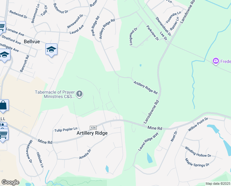 map of restaurants, bars, coffee shops, grocery stores, and more near 109 Battery Lane in Fredericksburg