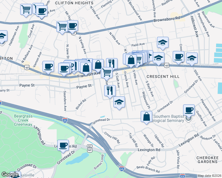 map of restaurants, bars, coffee shops, grocery stores, and more near 221 South Peterson Avenue in Louisville