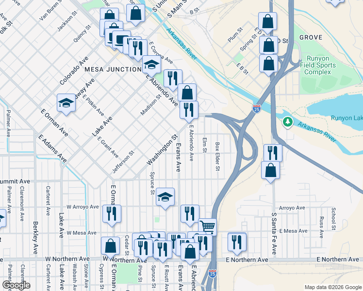 map of restaurants, bars, coffee shops, grocery stores, and more near 842 East Evans Avenue in Pueblo