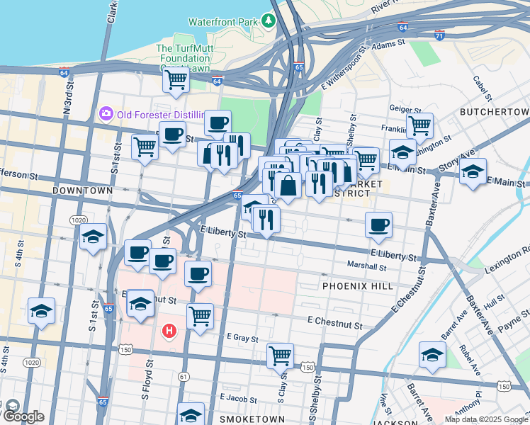 map of restaurants, bars, coffee shops, grocery stores, and more near 310 South Hancock Street in Louisville