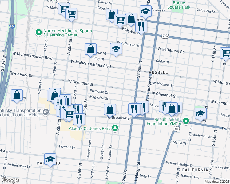 map of restaurants, bars, coffee shops, grocery stores, and more near 2327 Magazine Street in Louisville