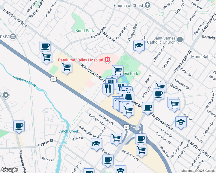 map of restaurants, bars, coffee shops, grocery stores, and more near 325 North McDowell Boulevard in Petaluma