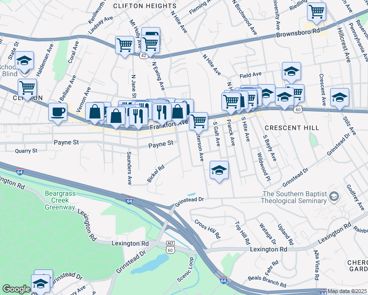 map of restaurants, bars, coffee shops, grocery stores, and more near 304 South Ewing Avenue in Louisville