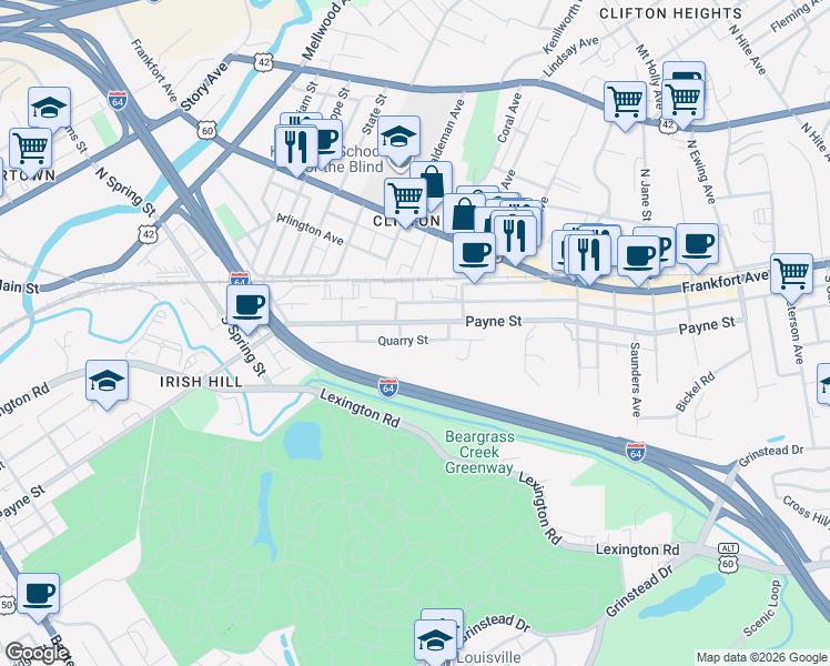map of restaurants, bars, coffee shops, grocery stores, and more near 1845 Quarry Street in Louisville