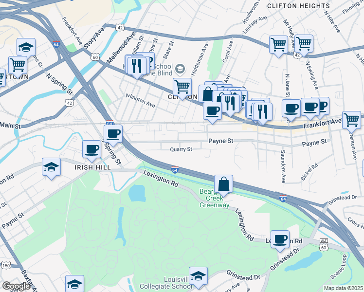 map of restaurants, bars, coffee shops, grocery stores, and more near 1845 Quarry Street in Louisville