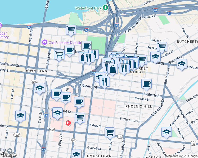 map of restaurants, bars, coffee shops, grocery stores, and more near 607 Ballard Street in Louisville