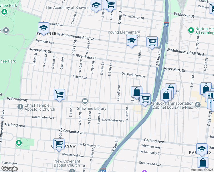 map of restaurants, bars, coffee shops, grocery stores, and more near 660 South 37th Street in Louisville