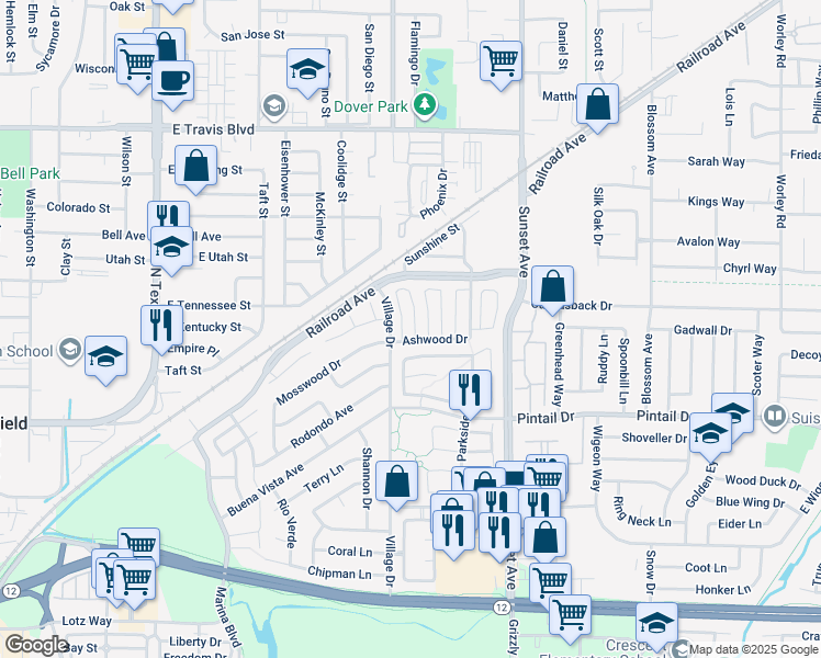 map of restaurants, bars, coffee shops, grocery stores, and more near 945 Beechwood Circle in Suisun City