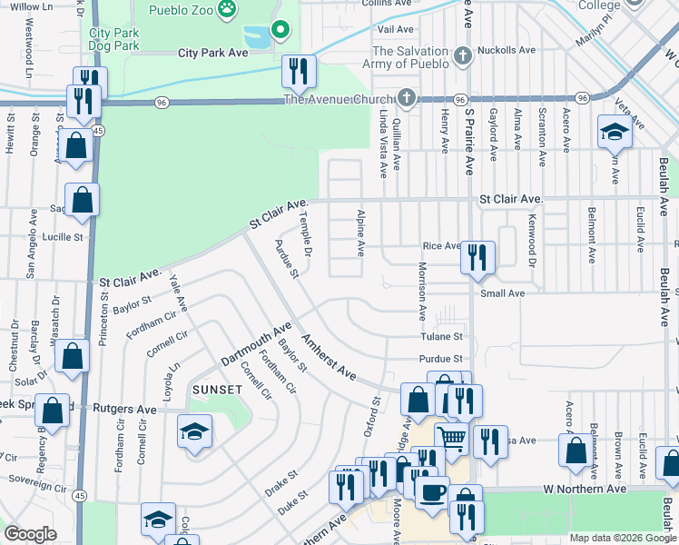 map of restaurants, bars, coffee shops, grocery stores, and more near 35 Dartmouth Avenue in Pueblo
