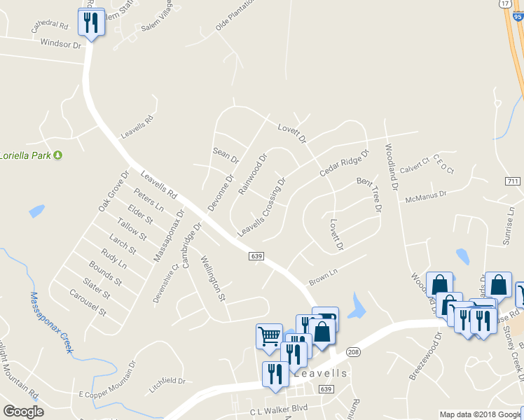 map of restaurants, bars, coffee shops, grocery stores, and more near 5503 Leavells Crossing Drive in Fredericksburg