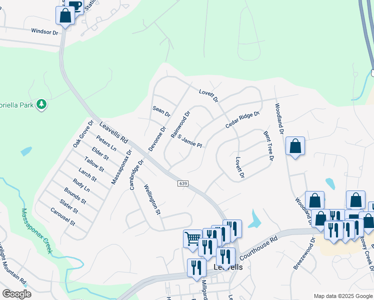 map of restaurants, bars, coffee shops, grocery stores, and more near 5503 Leavells Crossing Drive in Fredericksburg