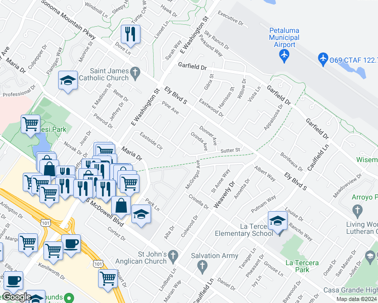 map of restaurants, bars, coffee shops, grocery stores, and more near 425 Sutter Street in Petaluma
