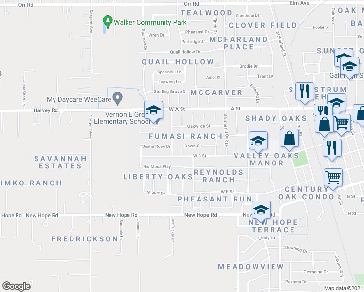 map of restaurants, bars, coffee shops, grocery stores, and more near 184 Dawn Circle in Galt