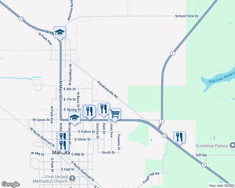 map of restaurants, bars, coffee shops, grocery stores, and more near 624 Pinckneyville Road in Marissa