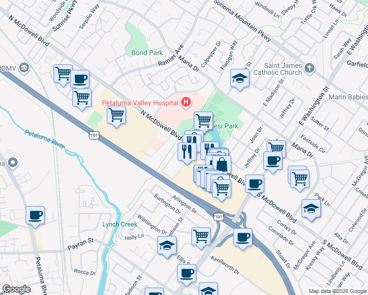 map of restaurants, bars, coffee shops, grocery stores, and more near 325 North McDowell Boulevard in Petaluma