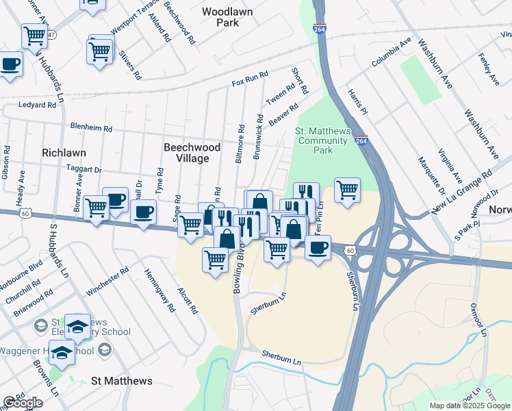 map of restaurants, bars, coffee shops, grocery stores, and more near 4603 Shelbyville Road in Louisville
