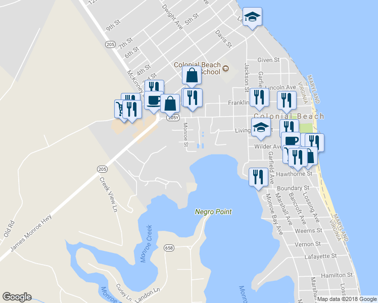 map of restaurants, bars, coffee shops, grocery stores, and more near 200 Monroe Street in Colonial Beach