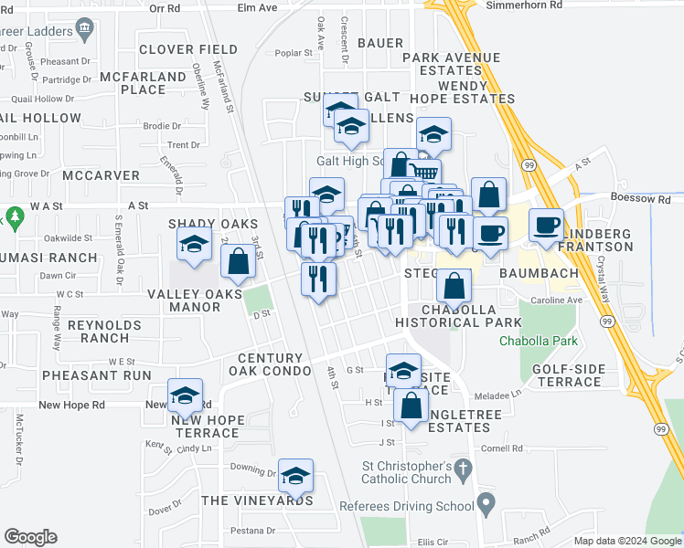 map of restaurants, bars, coffee shops, grocery stores, and more near 405 5th Street in Galt